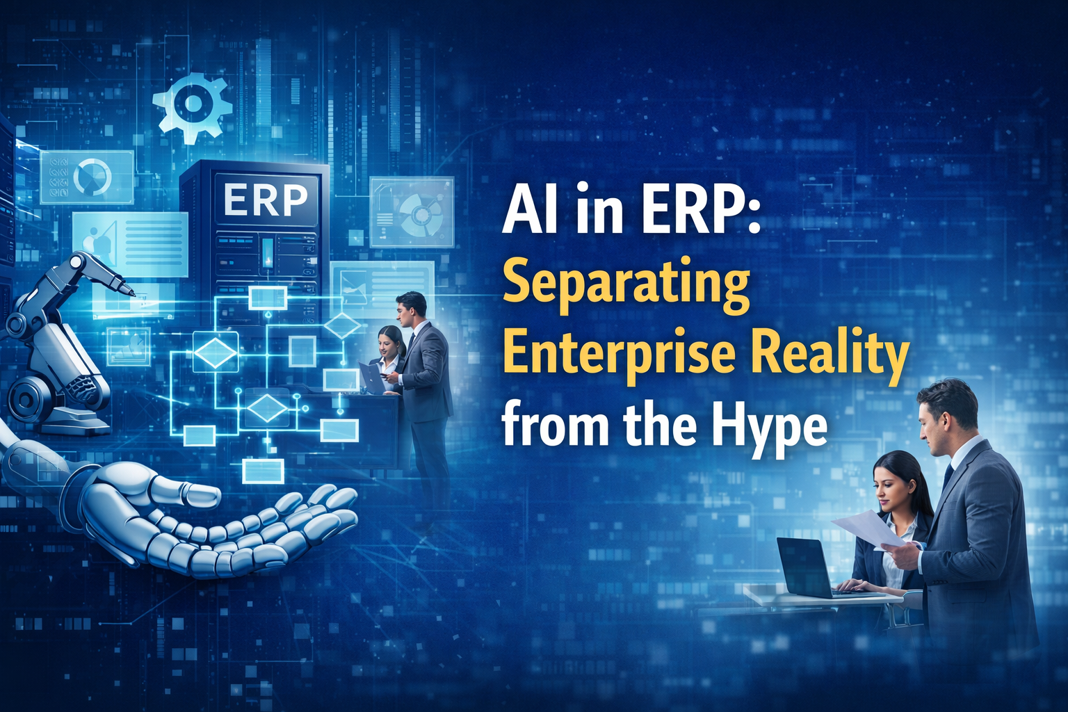 Illustration showing AI assisting ERP systems with workflow analysis and business process optimization while consultants review enterprise data and digital transformation insights.